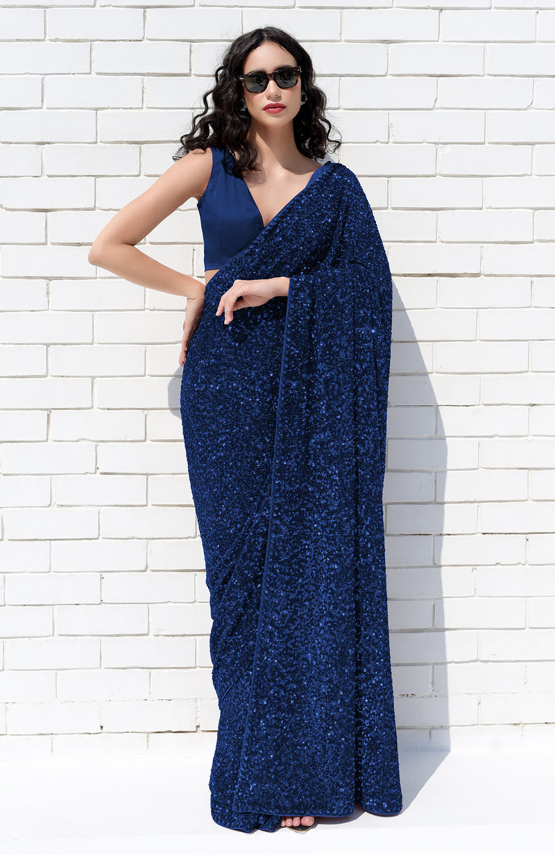 Sapphire Blue Dahlia Sequin Couture Hand Embroidered Saree