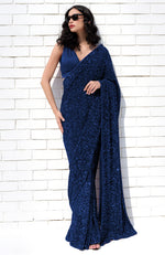 Sapphire Blue Dahlia Sequin Couture Hand Embroidered Saree