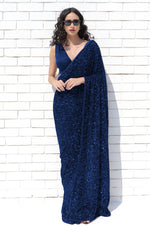 Sapphire Blue Dahlia Sequin Couture Hand Embroidered Saree