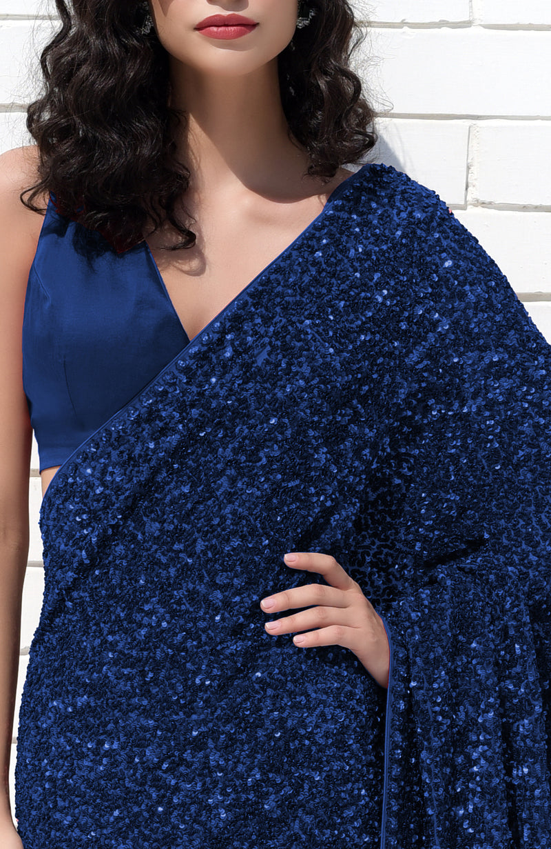 Sapphire Blue Dahlia Sequin Couture Hand Embroidered Saree