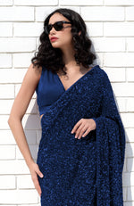 Sapphire Blue Dahlia Sequin Couture Hand Embroidered Saree