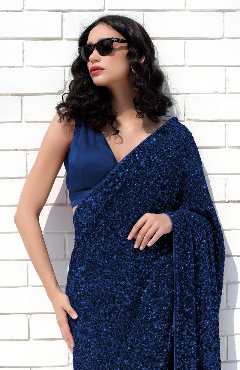 Sapphire Blue Dahlia Sequin Couture Hand Embroidered Saree