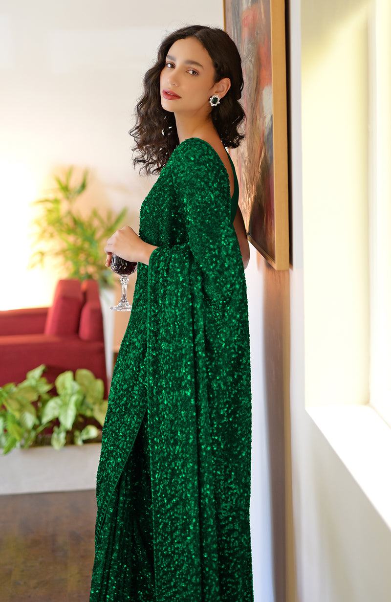 Emerald Green Sequin Couture Hand Embroidered Saree