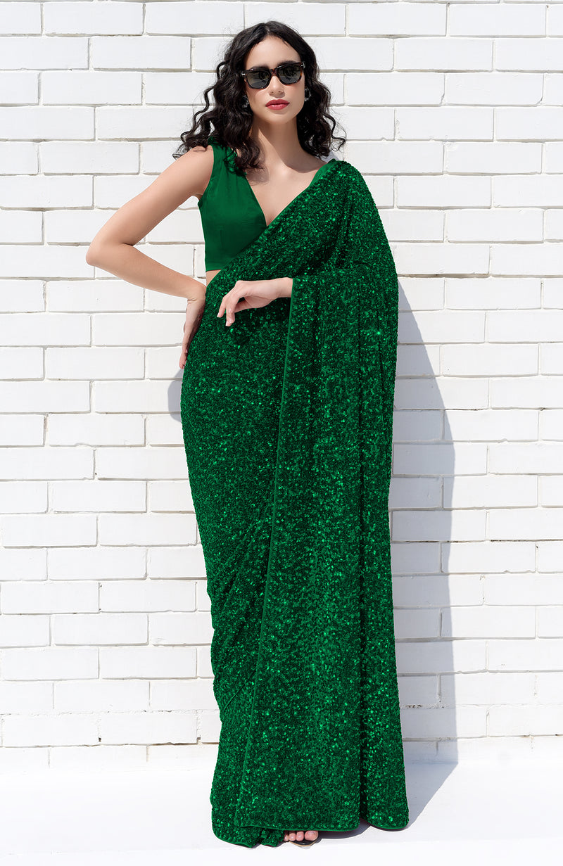 Emerald Green Sequin Couture Hand Embroidered Saree