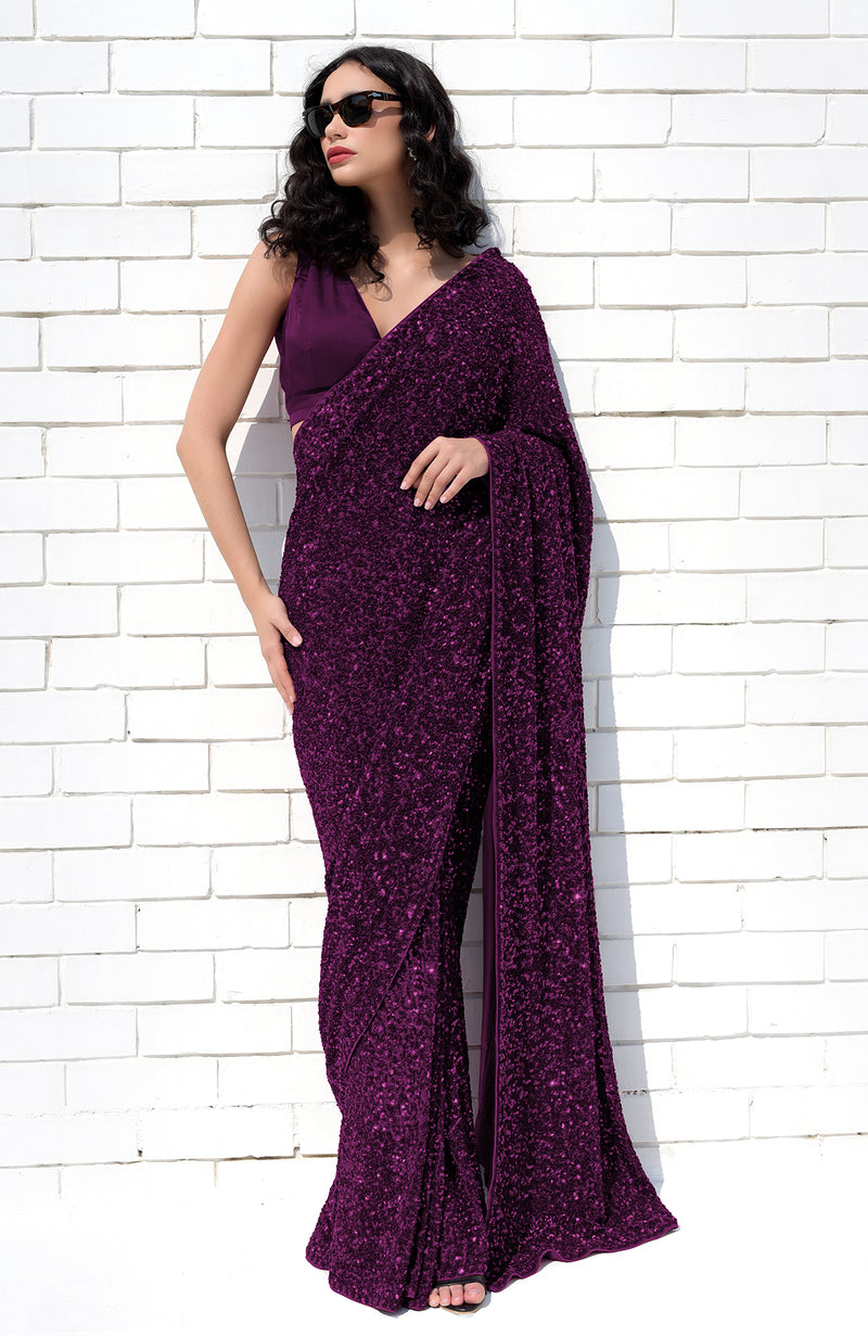 Purple Passion Sequin Couture Hand Embroidered Saree