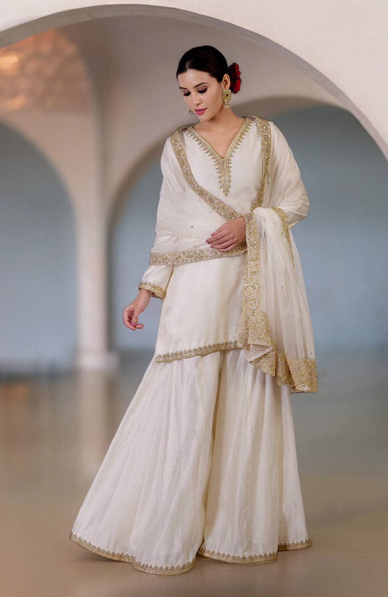 Ivory Marori & Zardozi Hand Embroidered Sharara Set