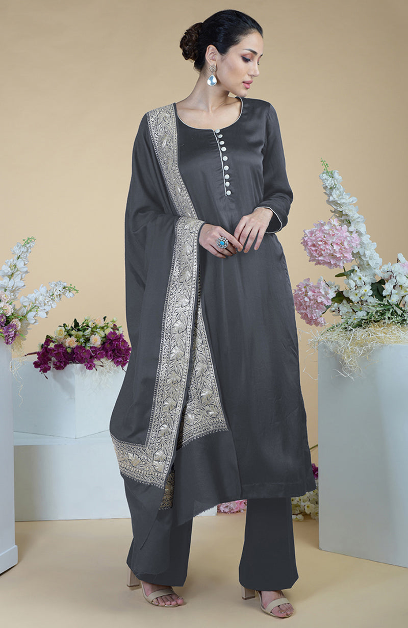 Grey Kashmiri Tilla Embroidered Pure Pashmina Shawl
