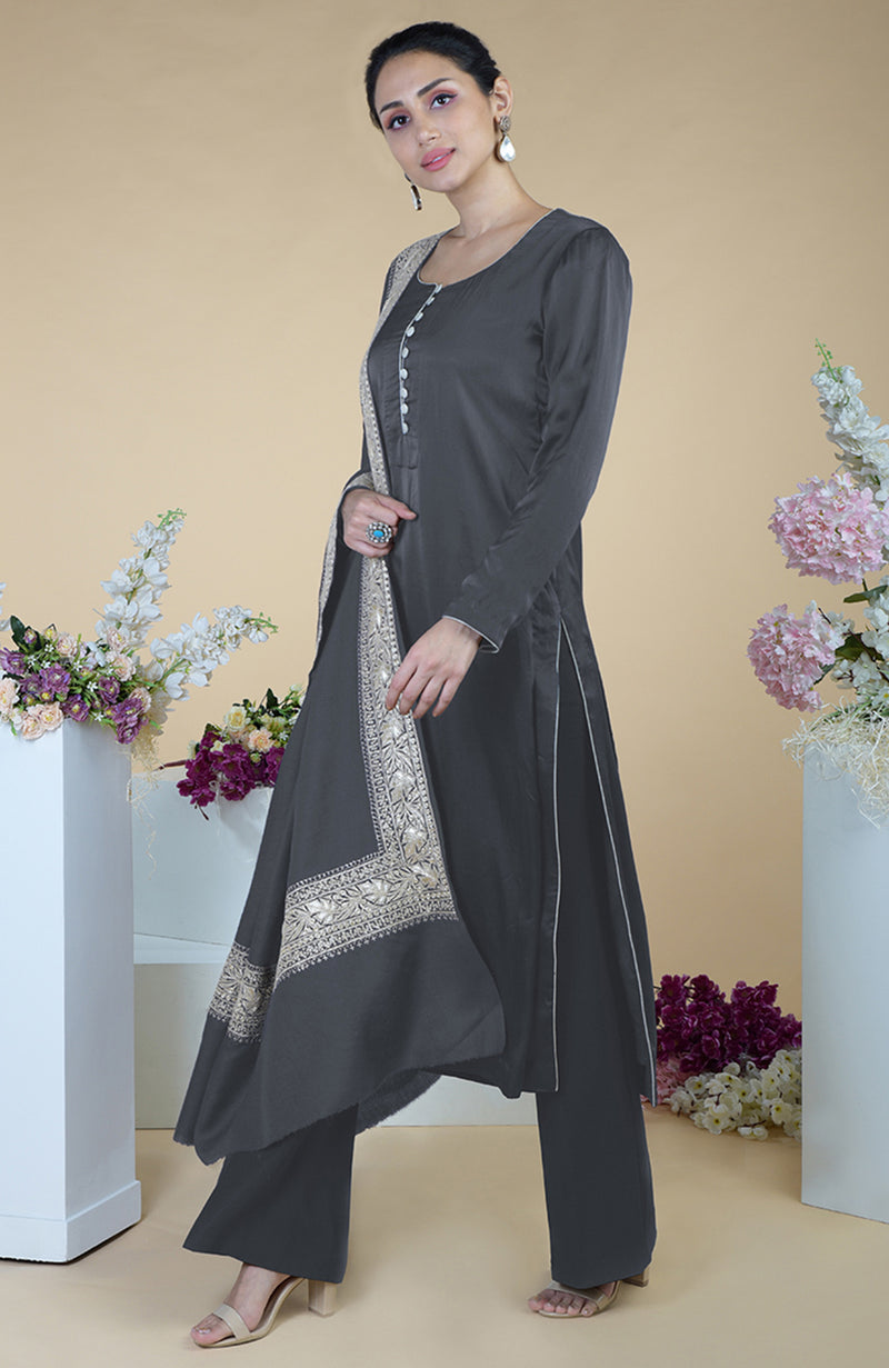 Grey Kashmiri Tilla Embroidered Pure Pashmina Shawl