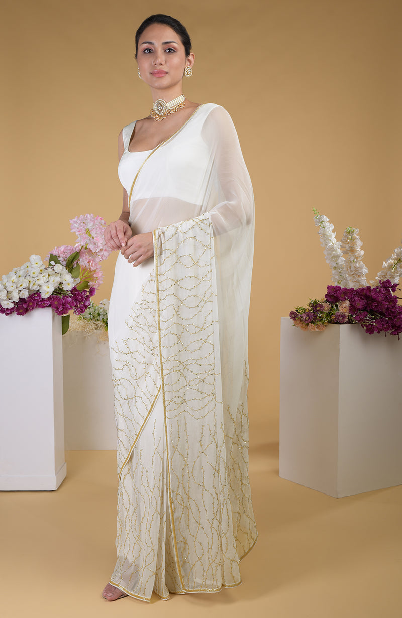 Ivory Gold Beads & Sequin Zardozi Hand Embroidered Saree