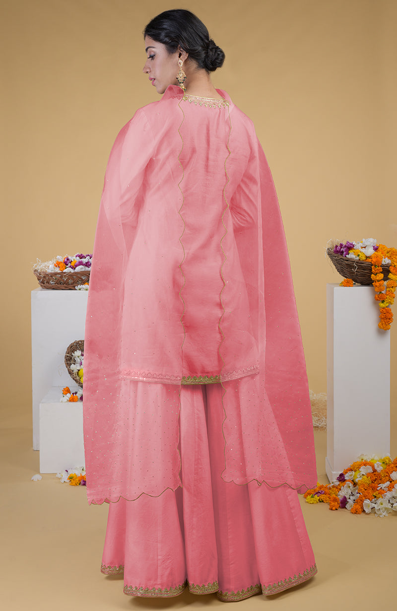 Flamingo Pink Hand Embroidered Organza Dupatta With Zardozi Sharara Suit