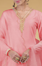 Flamingo Pink Hand Embroidered Organza Dupatta With Zardozi Sharara Suit