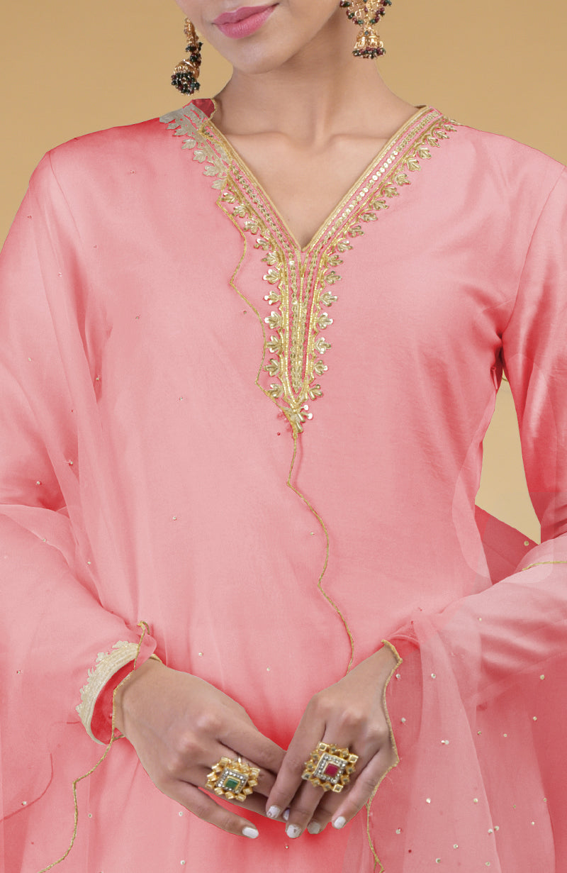 Flamingo Pink Hand Embroidered Organza Dupatta With Zardozi Sharara Suit