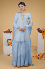 Dusty Blue Hand Embroidered Organza Dupatta With Zardozi Sharara Suit