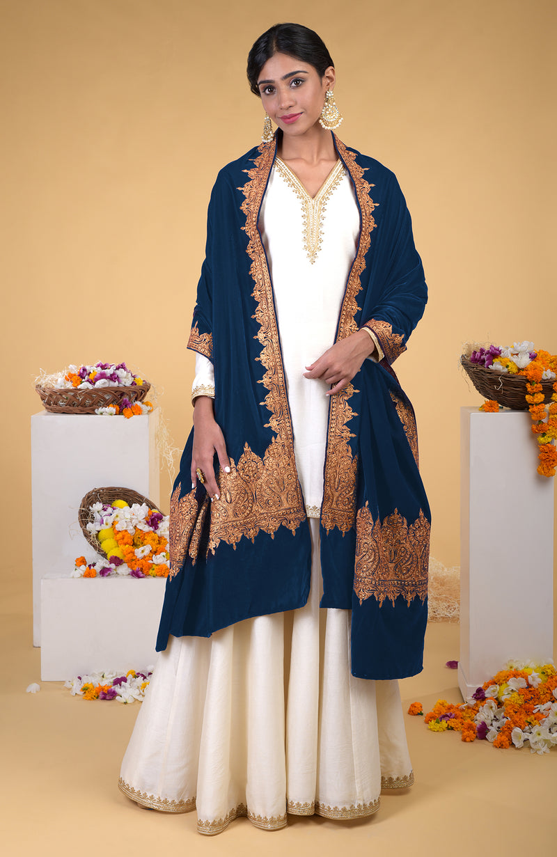 Classic Blue Kashmiri Tilla Embroidered Dupatta Shawl