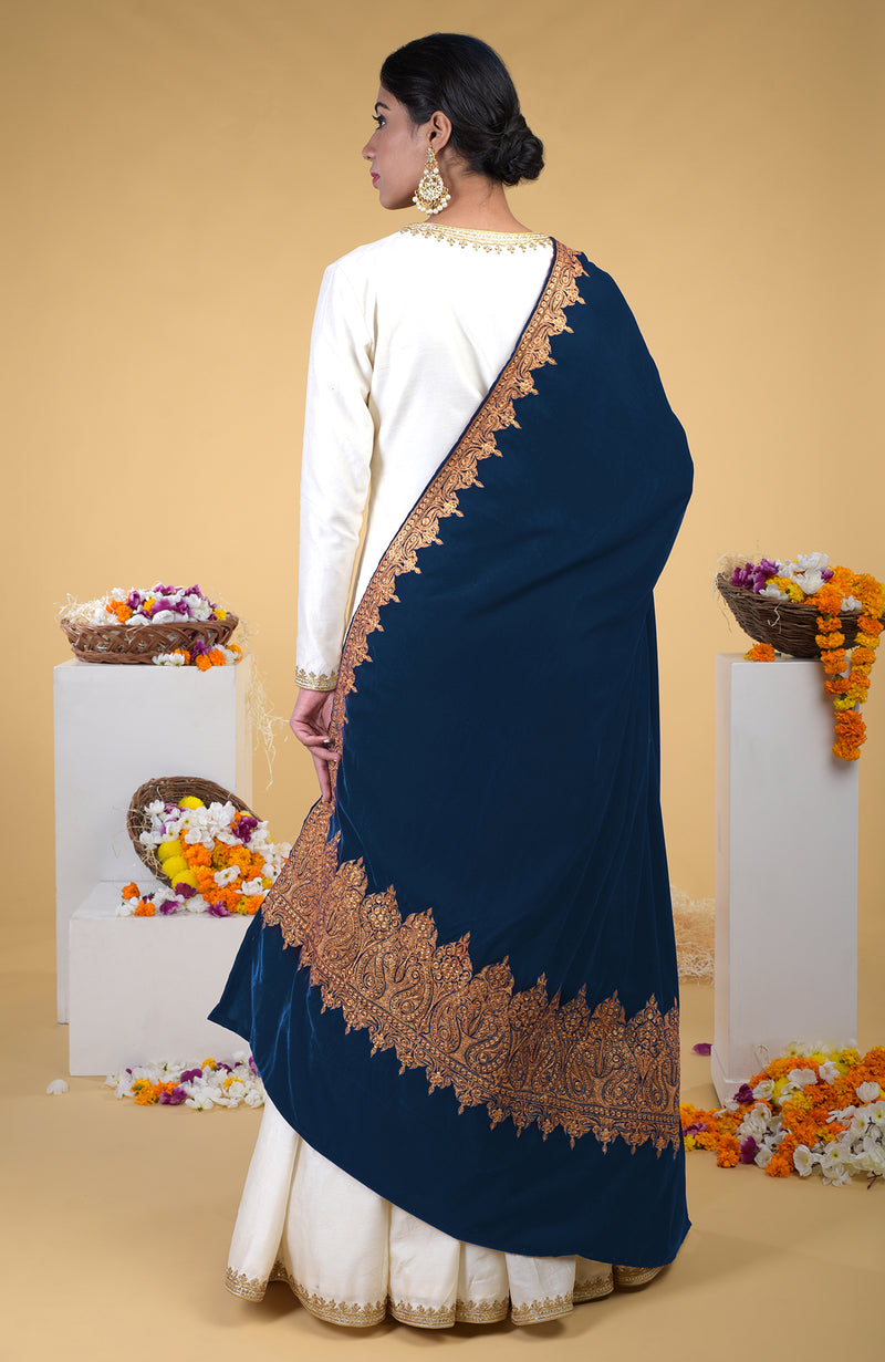 Classic Blue Kashmiri Tilla Embroidered Dupatta Shawl