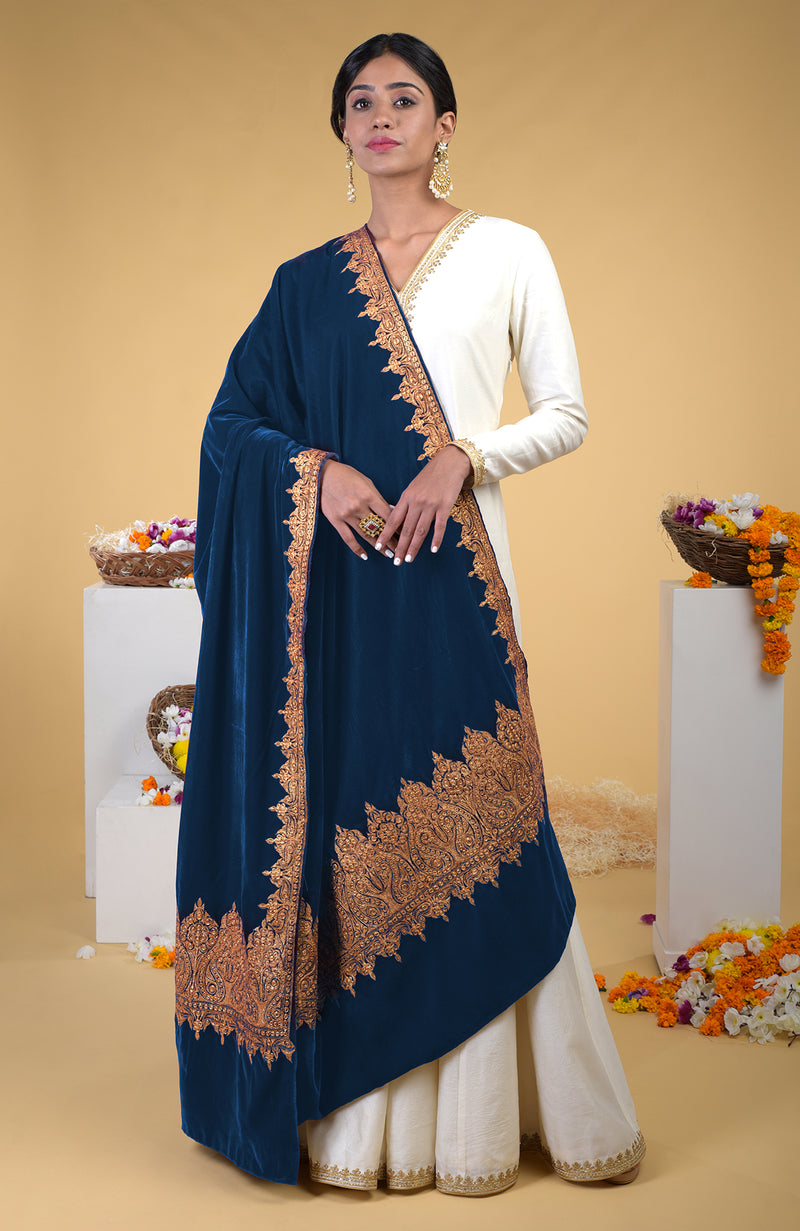 Classic Blue Kashmiri Tilla Embroidered Dupatta Shawl