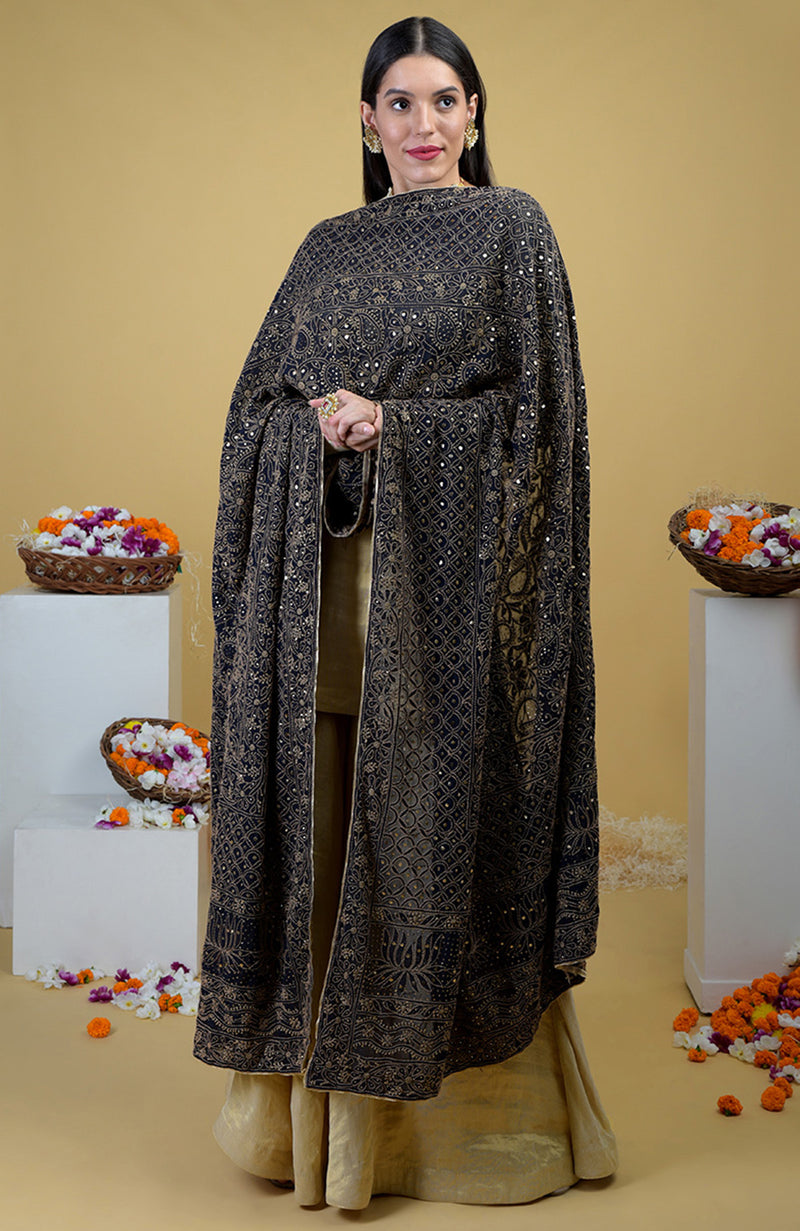 Black Chikankari & Kamdani Dupatta With Gold Tissue Sharara Suit