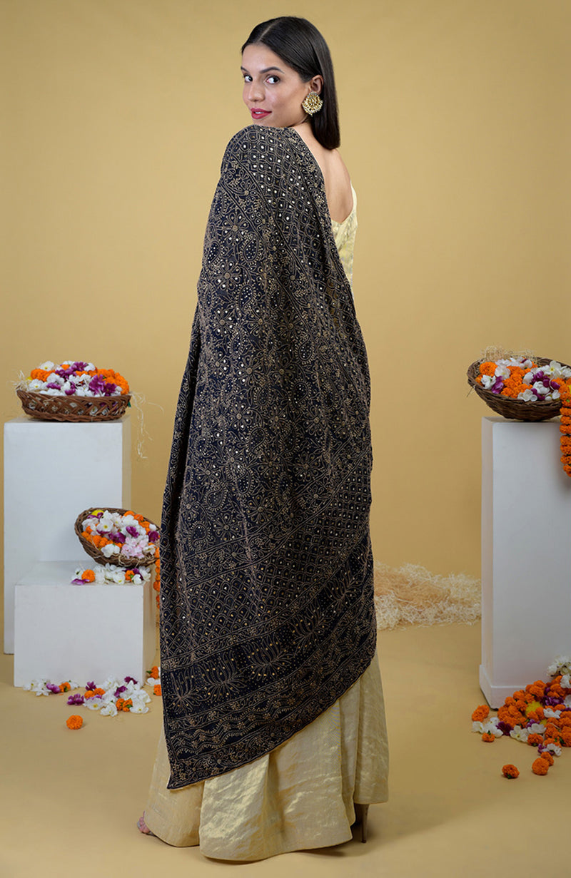 Black Chikankari & Kamdani Dupatta With Gold Tissue Sharara Suit