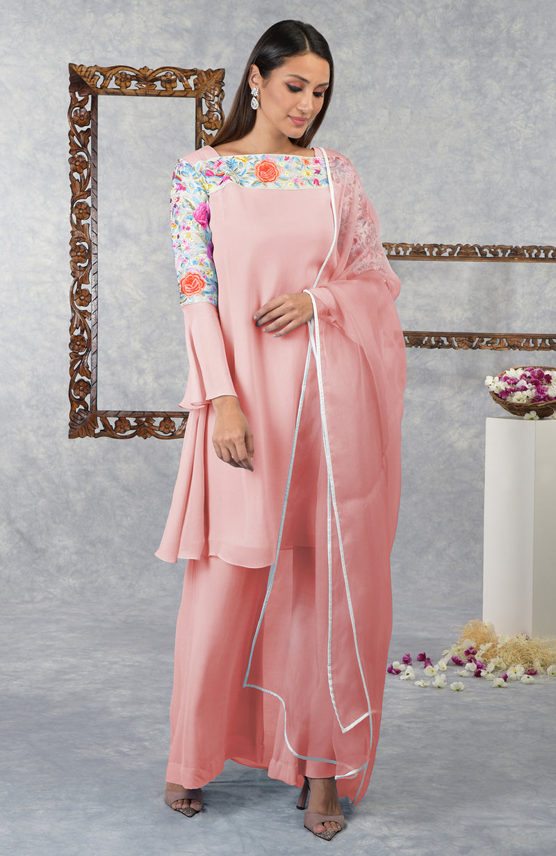Impatiens Pink Parsi Gara Embroidered Kurta Set