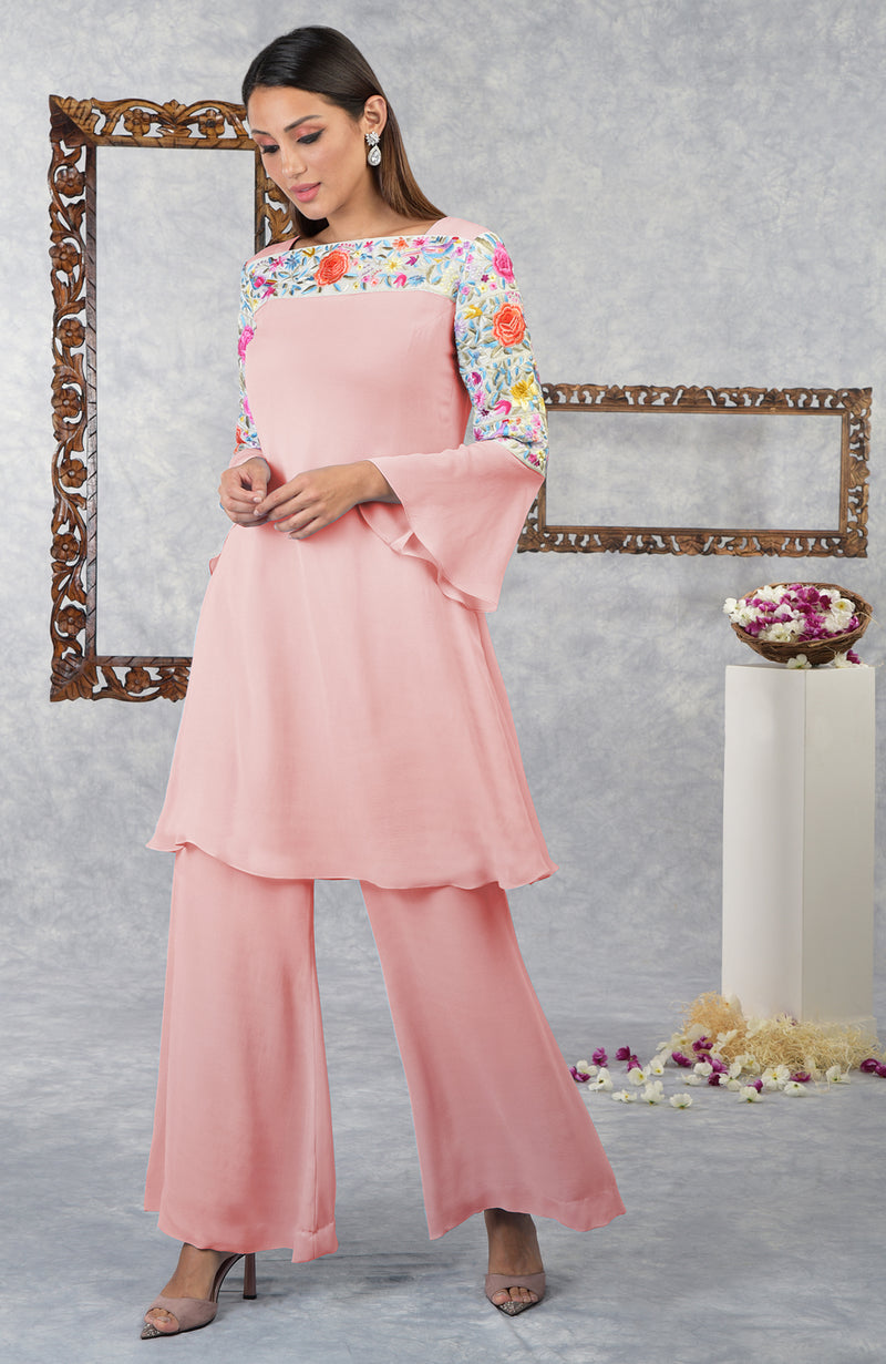 Impatiens Pink Parsi Gara Embroidered Kurta Set