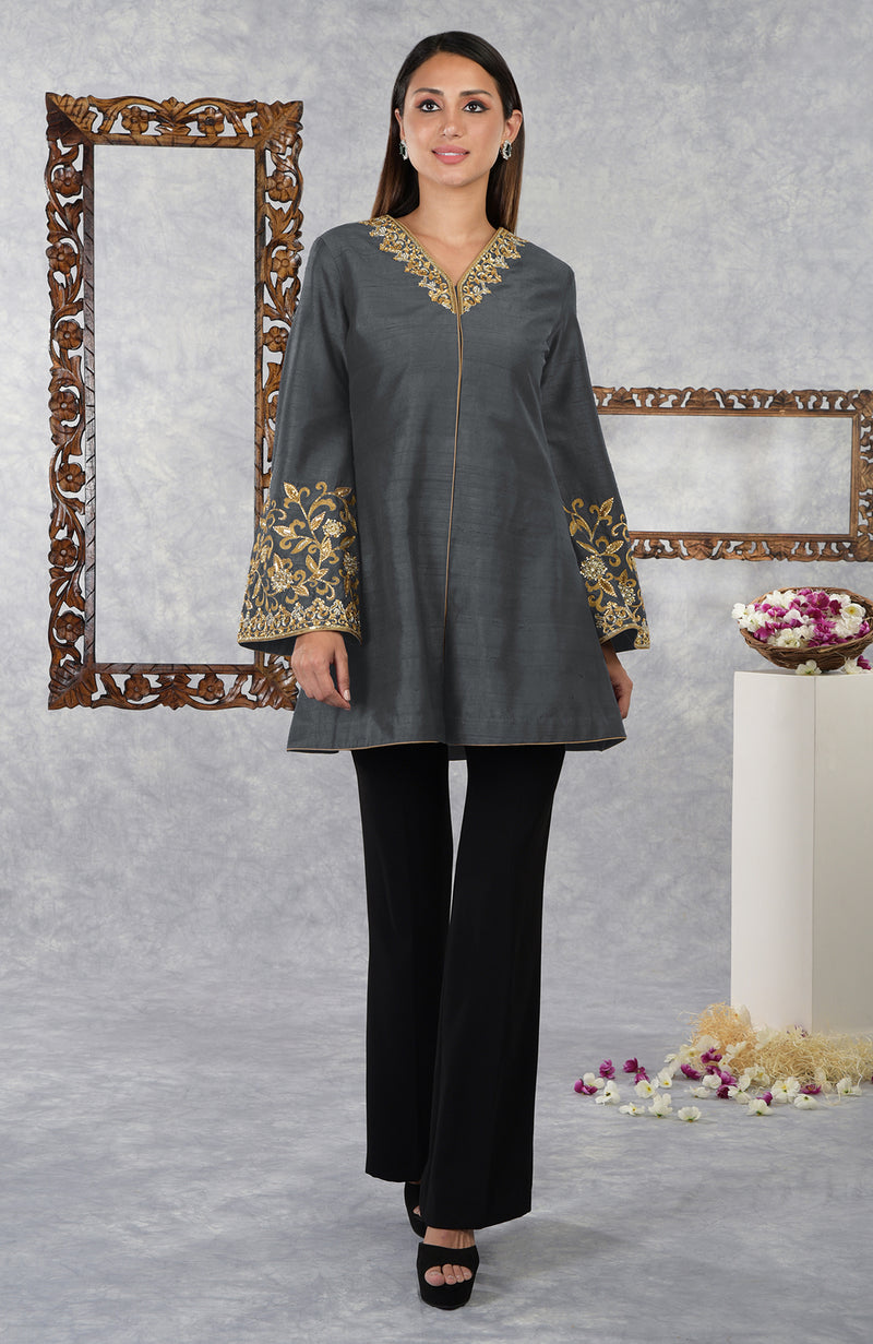 Mood Indigo Raw Silk Hand Embroidered Jacket with High Waisted Flared Pants