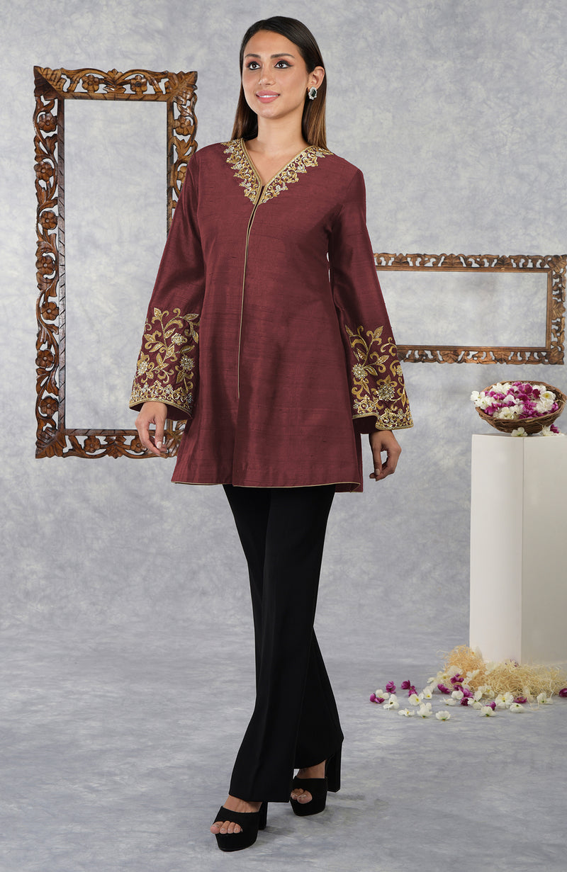 Pomegranate Raw Silk Hand Embroidered Jacket