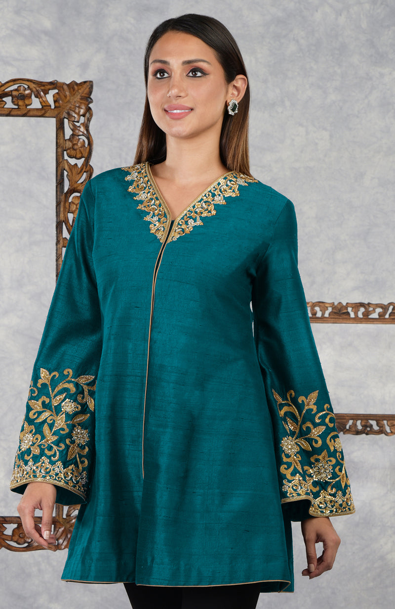 Pomegranate Raw Silk Hand Embroidered Jacket