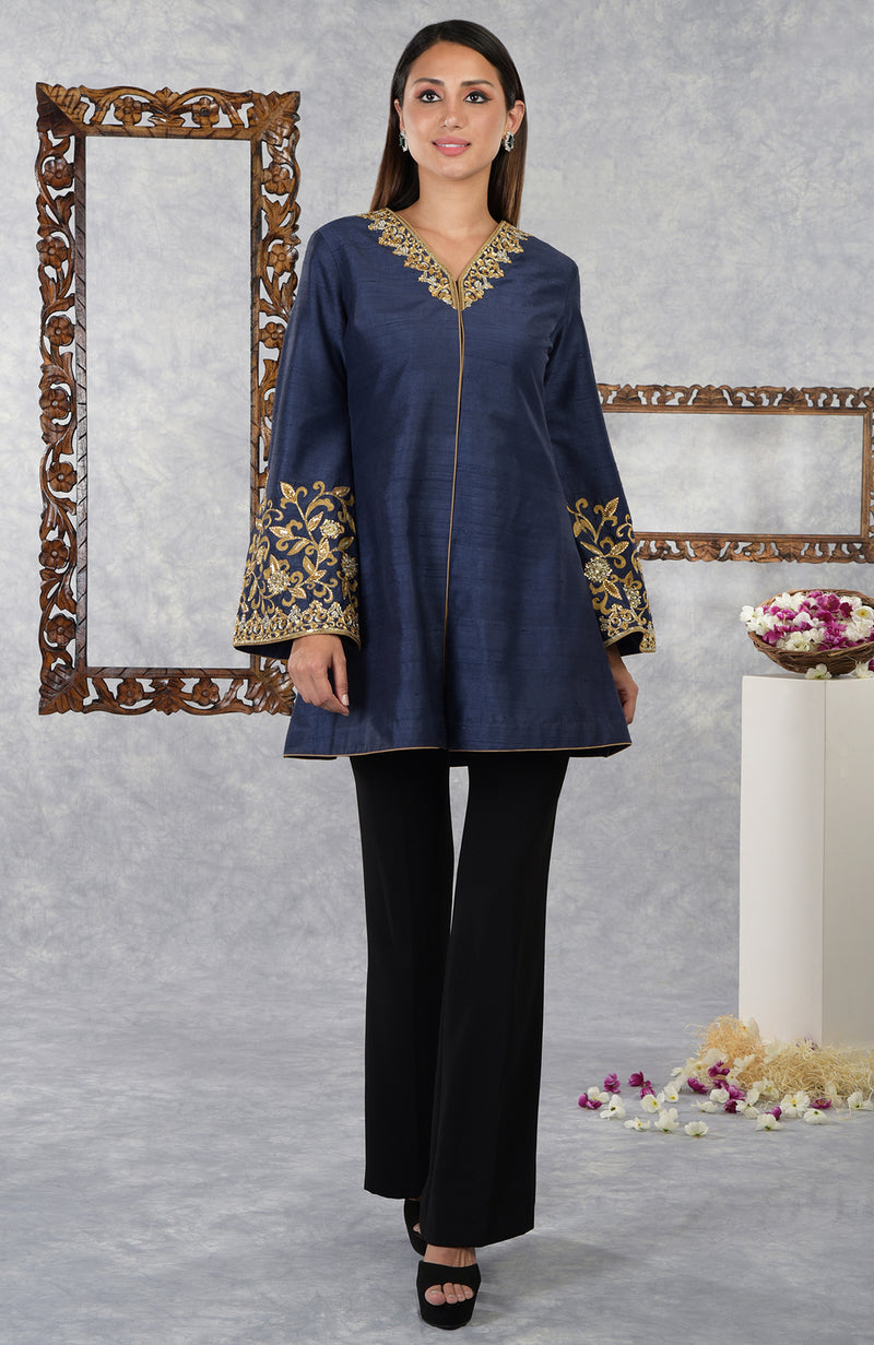 Mood Indigo Raw Silk Hand Embroidered Jacket