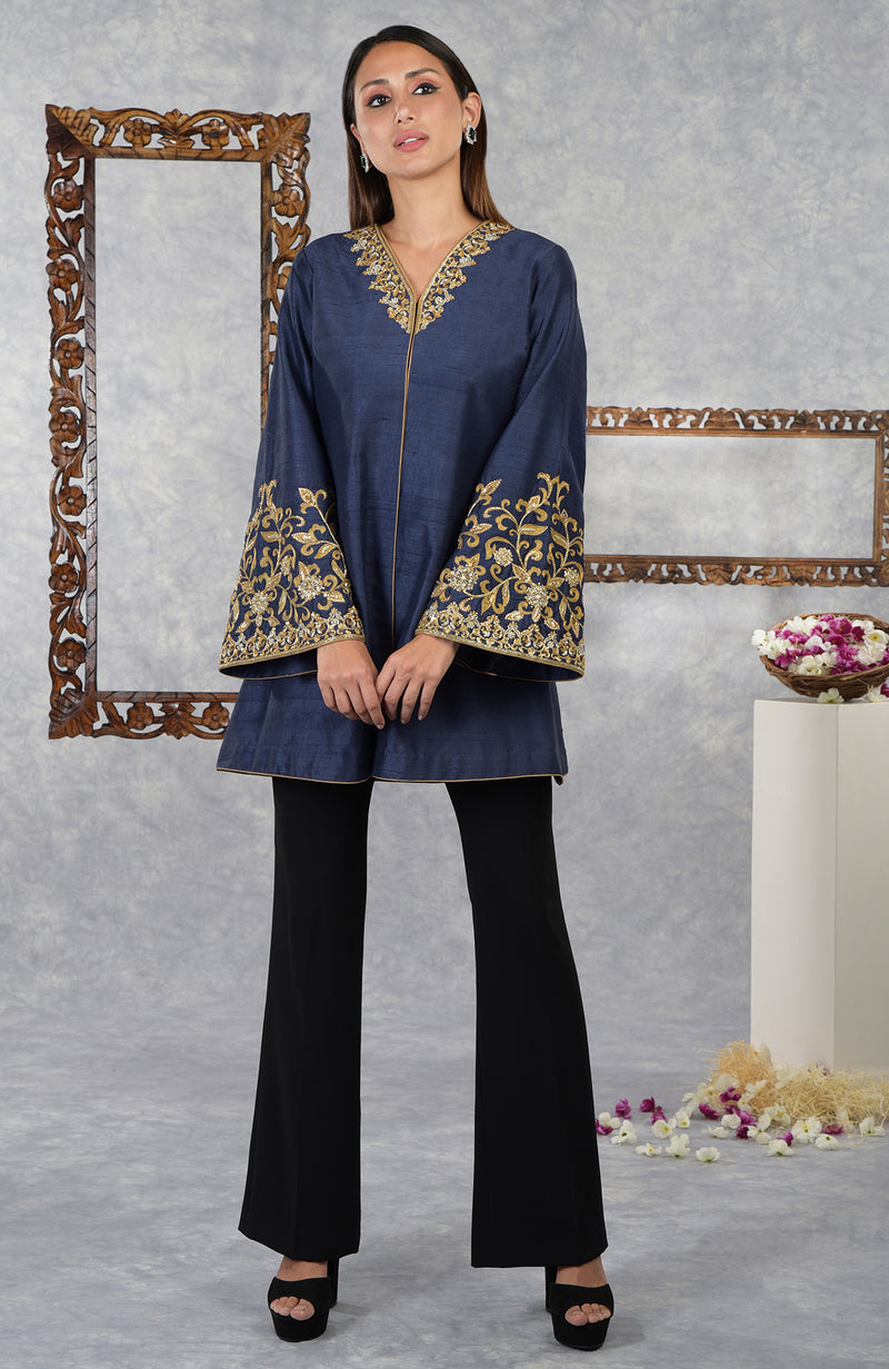 Mood Indigo Raw Silk Hand Embroidered Jacket