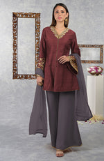 Smoky Violet-Pastel Lilac Raw Silk Hand Embroidered Jacket Set With Dupatta