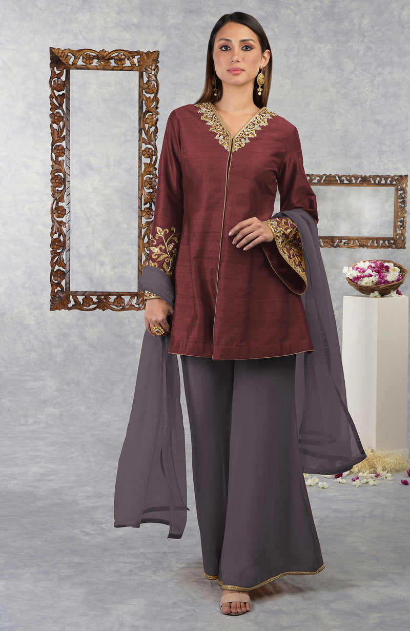 Smoky Violet-Pastel Lilac Raw Silk Hand Embroidered Jacket Set With Dupatta