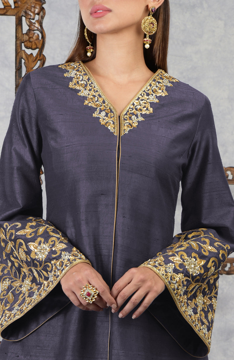 Smoky Violet-Pastel Lilac Raw Silk Hand Embroidered Jacket Set With Dupatta