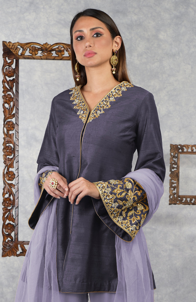 Smoky Violet-Pastel Lilac Raw Silk Hand Embroidered Jacket Set With Dupatta
