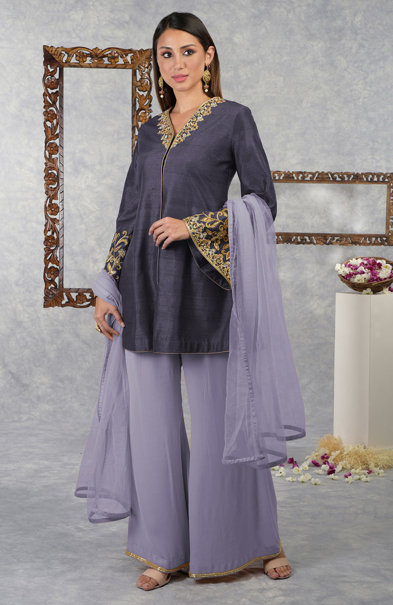 Smoky Violet-Pastel Lilac Raw Silk Hand Embroidered Jacket Set With Dupatta