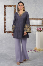 Smoky Violet-Pastel Lilac Raw Silk Hand Embroidered Jacket Set With Dupatta