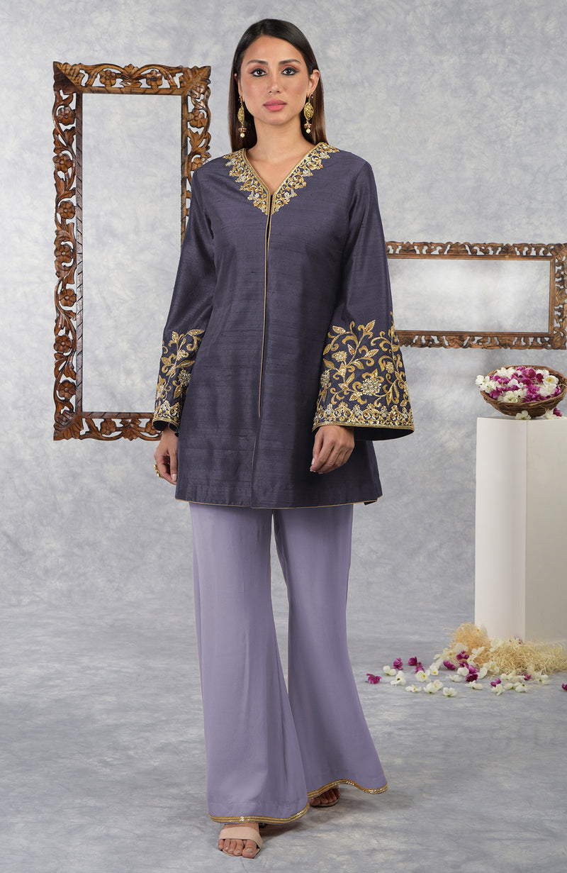 Smoky Violet-Pastel Lilac Raw Silk Hand Embroidered Jacket Set With Dupatta