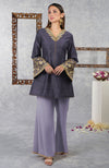 Smoky Violet-Pastel Lilac Raw Silk Hand Embroidered Jacket Set With Dupatta