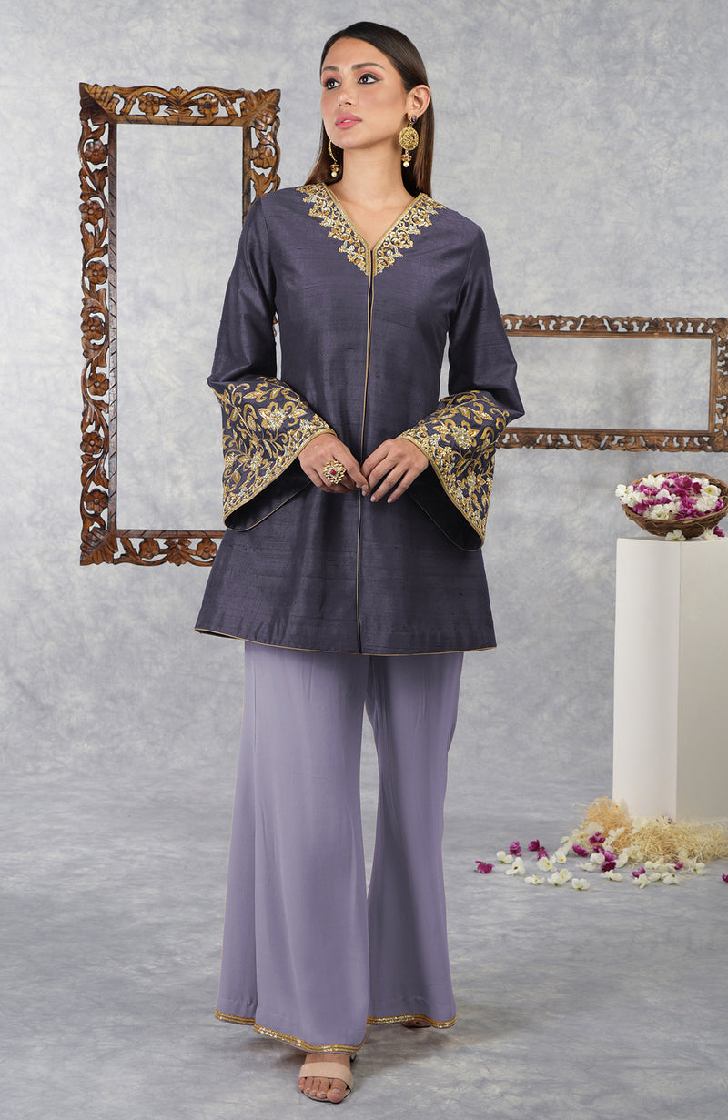 Smoky Violet-Pastel Lilac Raw Silk Hand Embroidered Jacket Set With Dupatta