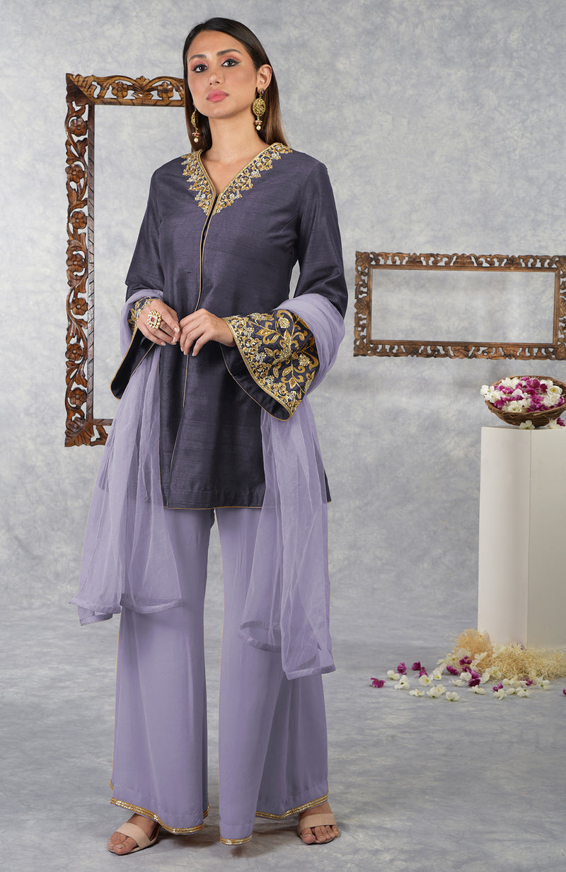 Smoky Violet-Pastel Lilac Raw Silk Hand Embroidered Jacket Set With Dupatta