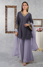 Smoky Violet-Pastel Lilac Raw Silk Hand Embroidered Jacket Set With Dupatta