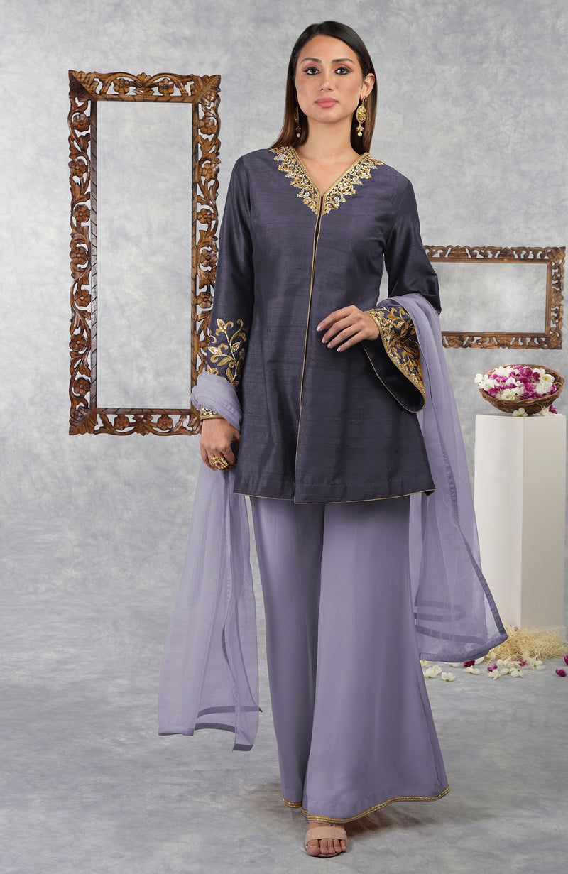 Smoky Violet-Pastel Lilac Raw Silk Hand Embroidered Jacket Set With Dupatta
