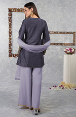 Smoky Violet-Pastel Lilac Raw Silk Hand Embroidered Jacket Set With Dupatta