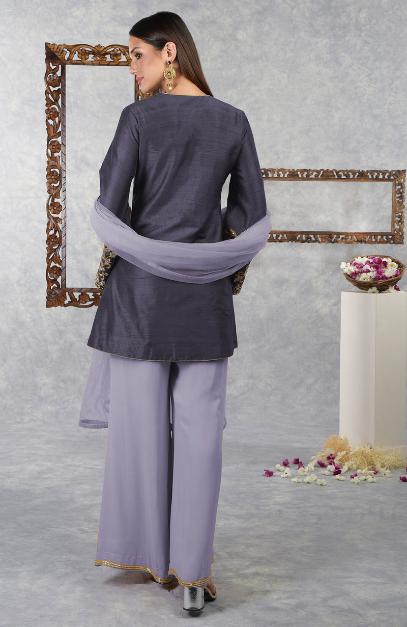 Smoky Violet-Pastel Lilac Raw Silk Hand Embroidered Jacket Set With Dupatta