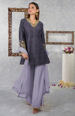 Smoky Violet-Pastel Lilac Raw Silk Hand Embroidered Jacket Set With Dupatta