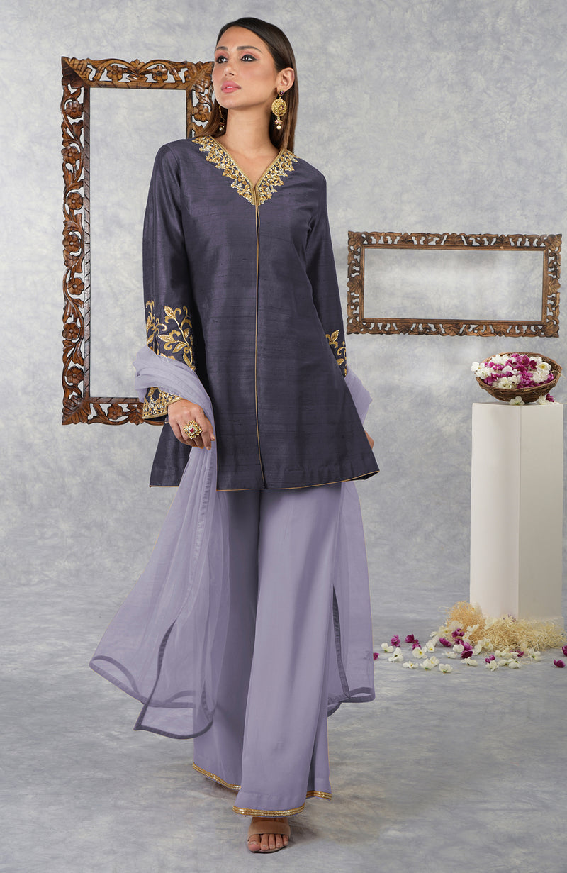 Smoky Violet-Pastel Lilac Raw Silk Hand Embroidered Jacket Set With Dupatta