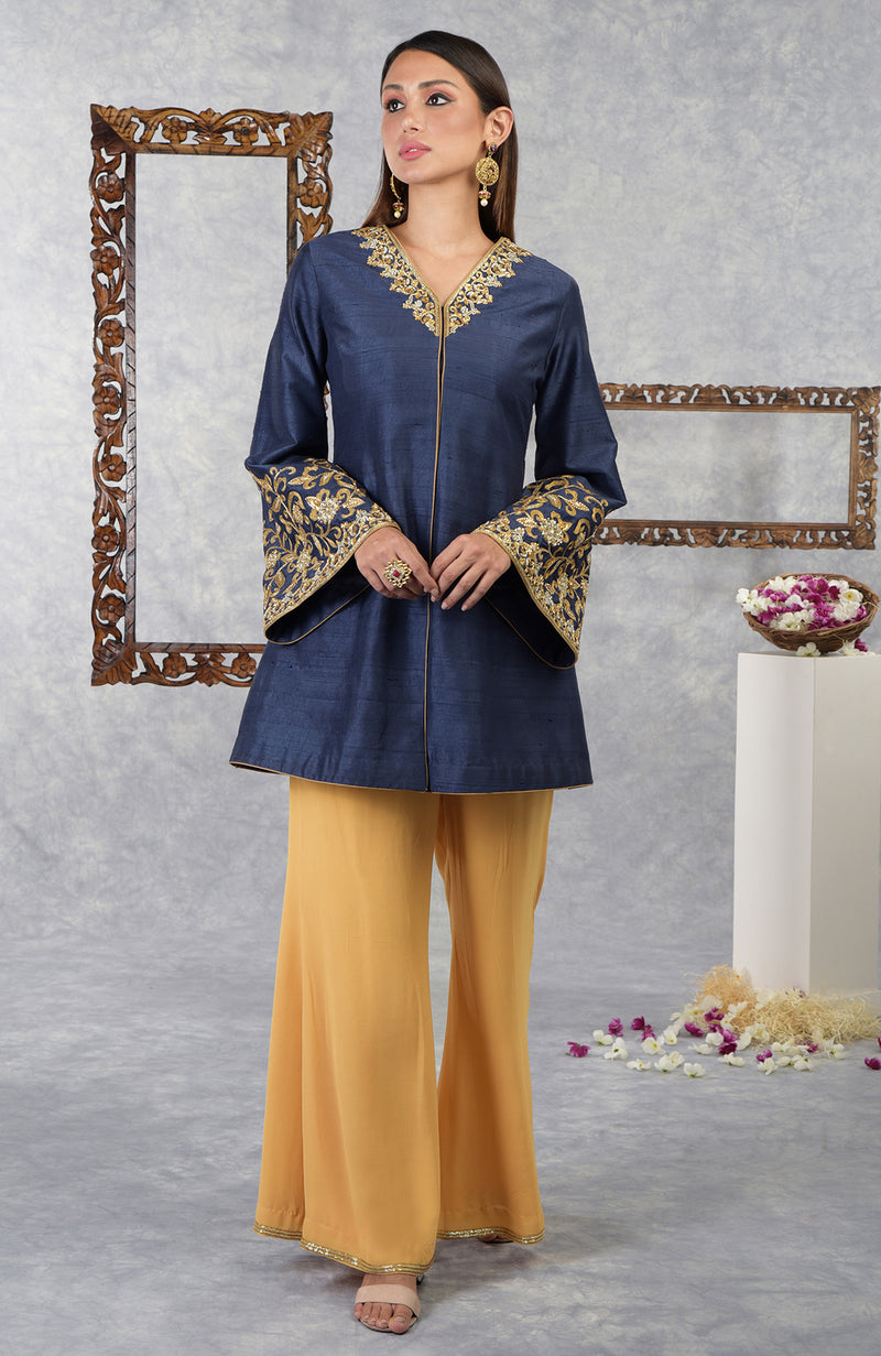 Mood Indigo- Honey Yellow Raw Silk Hand Embroidered Jacket Set With Dupatta