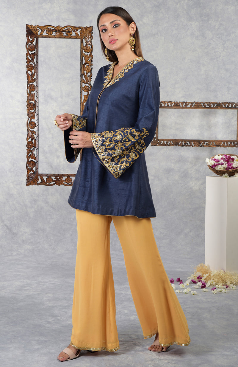 Mood Indigo- Honey Yellow Raw Silk Hand Embroidered Jacket Set With Dupatta