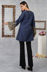 Mood Indigo Raw Silk Hand Embroidered Jacket with High Waisted Flared Pants