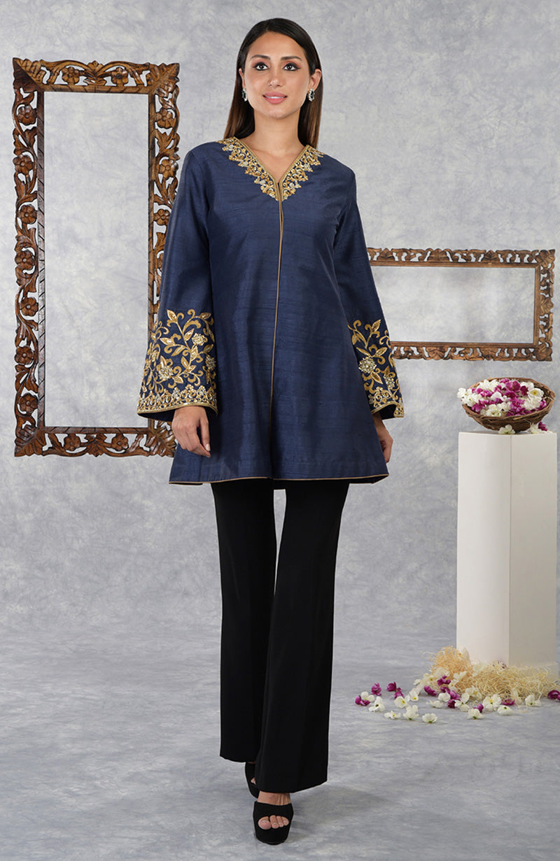 Mood Indigo Raw Silk Hand Embroidered Jacket with High Waisted Flared Pants