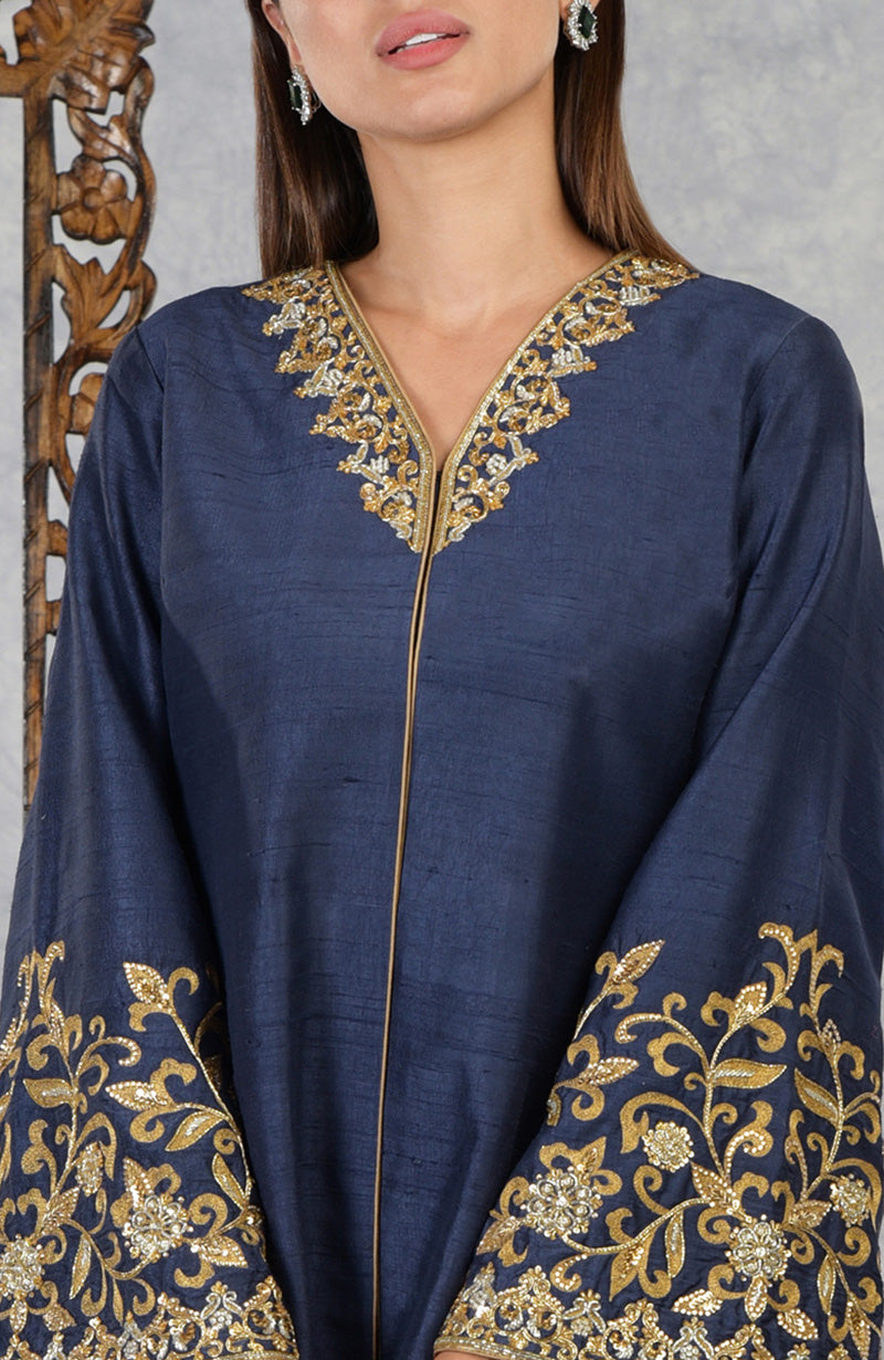 Mood Indigo Raw Silk Hand Embroidered Jacket with High Waisted Flared Pants